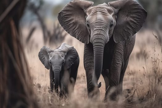 A baby elephant is exploring the African savannah while its mother watches over protectively (generative AI)