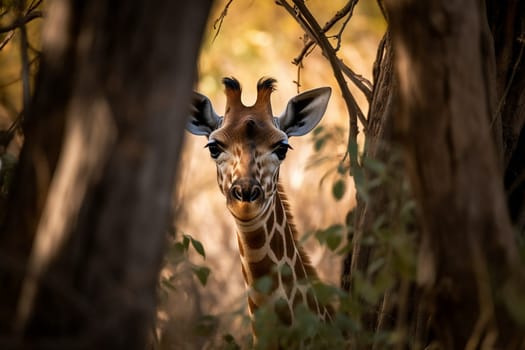 A curious baby giraffe is peeking through the trees of a dense forest with its tall, spotted figure (generative AI)