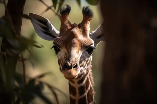 A curious baby giraffe is peeking through the trees of a dense forest with its tall, spotted figure (generative AI)