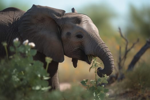 A curious baby elephant stops to smell some flowers on the African savannah (generative AI)