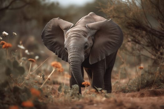 A curious baby elephant stops to smell some flowers on the African savannah (generative AI)