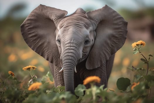 A curious baby elephant stops to smell some flowers on the African savannah (generative AI)