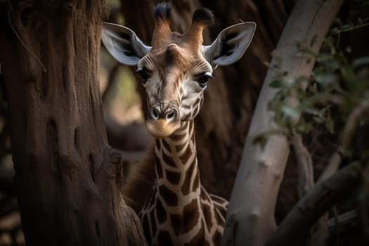 A curious baby giraffe is peeking through the trees of a dense forest with its tall, spotted figure (generative AI)