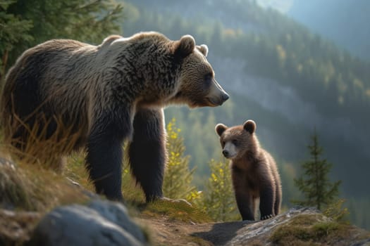 The bear cub and its mother are exploring the mountainous habitat, learning together (generative AI)