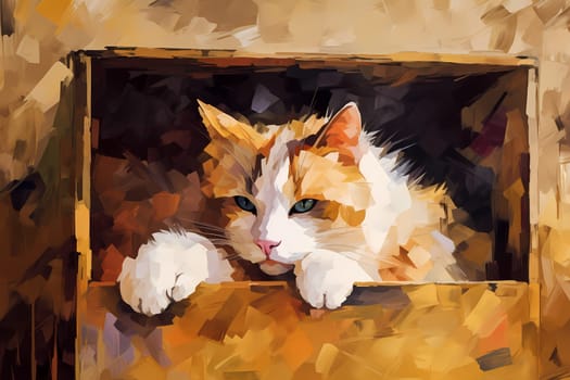 The curious cat is peeking out from inside the cardboard box. (generative AI)