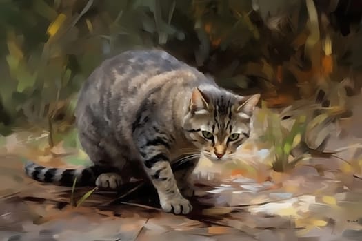 An agile cat is intently stalking and pouncing on a small, unsuspecting mouse. (generative AI)