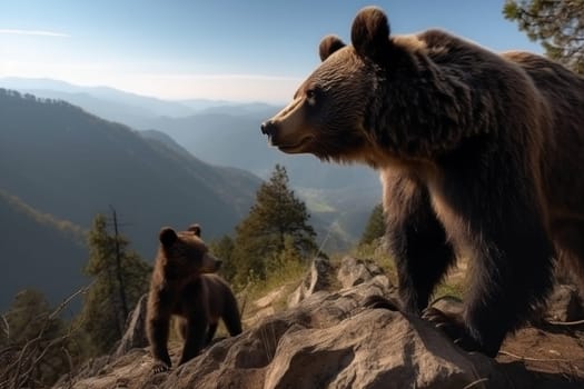 The bear cub and its mother are exploring the mountainous habitat, learning together (generative AI)
