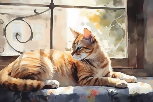 The curious cat is watching birds outside while comfortably perched on the windowsill. (generative AI)