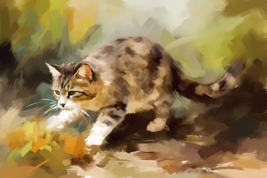 An agile cat is intently stalking and pouncing on a small, unsuspecting mouse. (generative AI)