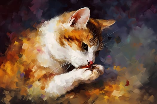 The cat is delicately grooming itself, carefully licking its paw clean with its rough tongue. (generative AI)