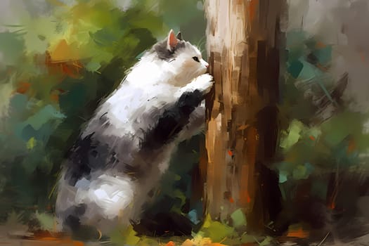 This cat is using its scratching post to sharpen its claws and satisfy its natural instinct to scratch, clever kitty! (generative AI)