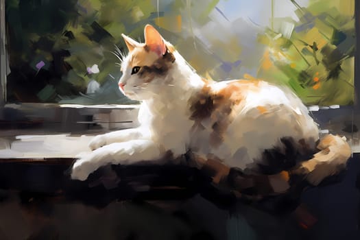 The curious cat is watching birds outside while comfortably perched on the windowsill. (generative AI)