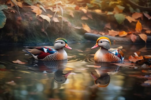A charming family of Mandarin ducks are nesting in a tranquil pond surrounded by colorful autumn leaves (generative AI)