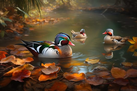 A charming family of Mandarin ducks are nesting in a tranquil pond surrounded by colorful autumn leaves (generative AI)