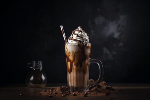 A chocolate milkshake topped with whipped cream