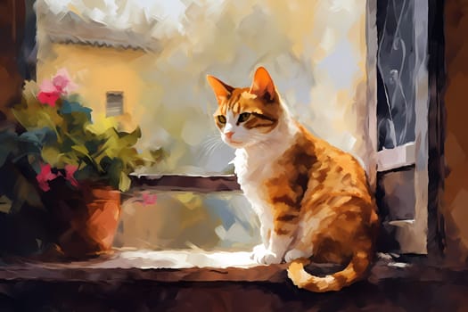 The curious cat is watching birds outside while comfortably perched on the windowsill. (generative AI)