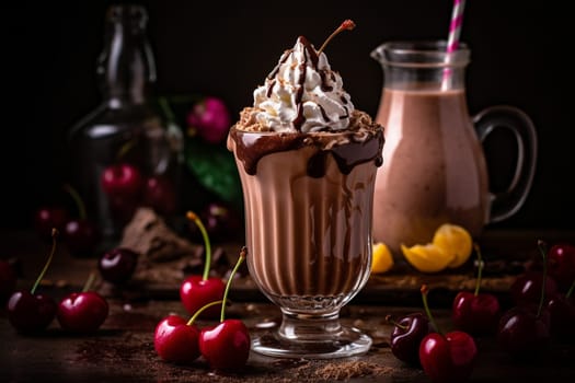 A delicious chocolate milkshake with whipped cream and cherry on top