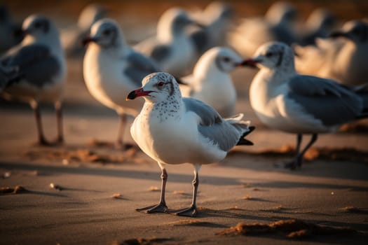 A curious flock of seagulls are scavenging for food on a sandy beach (generative AI)