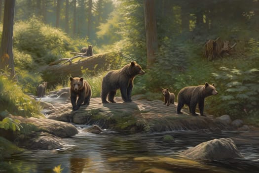 Fuzzy bear cubs play and splash in a crystal-clear stream in a tranquil forest, while their watchful mother looks on (generative AI)
