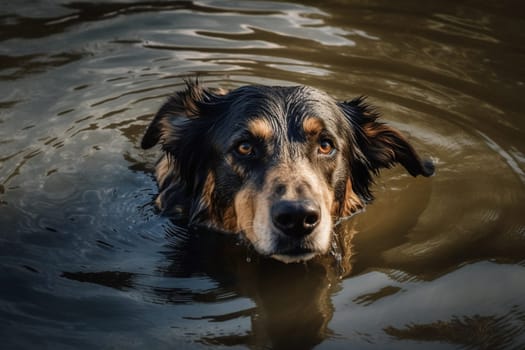 A happy and energetic dog is swimming gracefully in the cool waters of a nearby river, enjoying the refreshing feeling. (generative AI)
