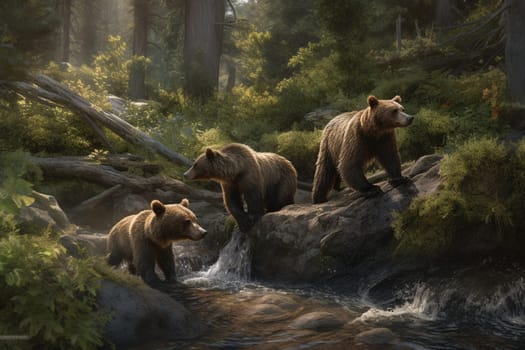 Fuzzy bear cubs play and splash in a crystal-clear stream in a tranquil forest, while their watchful mother looks on (generative AI)