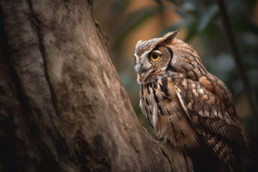 An inquisitive owl with piercing eyes perches on a tree trunk, watching visitors with keen interest (generative AI)