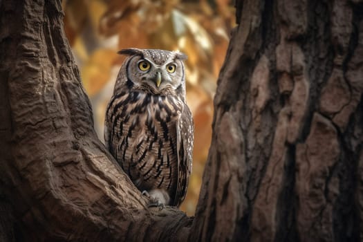An inquisitive owl with piercing eyes perches on a tree trunk, watching visitors with keen interest (generative AI)