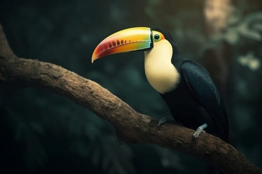 A curious toucan with a vibrant beak observes its lush tropical surroundings while perching on a tree branch (generative AI)
