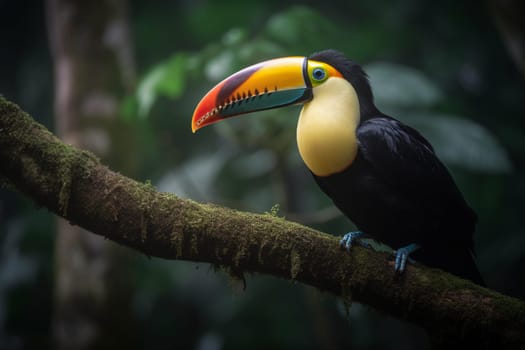 A curious toucan with a vibrant beak observes its lush tropical surroundings while perching on a tree branch (generative AI)