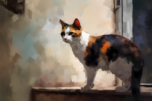 The calico cat's big inquisitive eyes are taking everything in as she wanders around the unfamiliar room, sniffing and investigating. (generative AI)