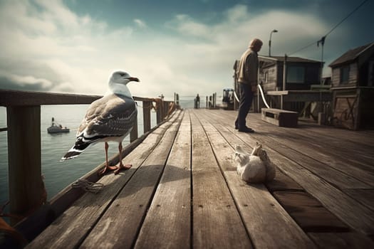 A curious seagull watches cautiously from a pier as people pass by with their catch (generative AI)