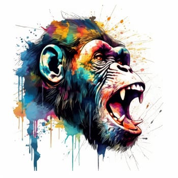 Wild monkey head fiercely roaring against a white background. Colorful splatters of watercolor and ink. Created using generative artificial intelligence.