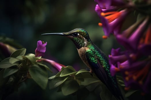 A cute hummingbird flits from flower to flower gathering nectar (generative AI)
