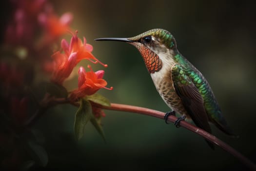 A cute hummingbird flits from flower to flower gathering nectar (generative AI)