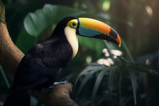 A curious toucan with a vibrant beak observes its lush tropical surroundings while perching on a tree branch (generative AI)