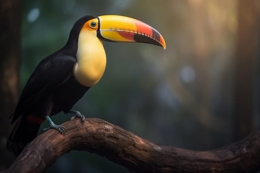 A curious toucan with a vibrant beak observes its lush tropical surroundings while perching on a tree branch (generative AI)