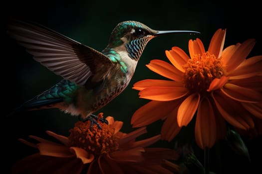 A cute hummingbird flits from flower to flower gathering nectar (generative AI)