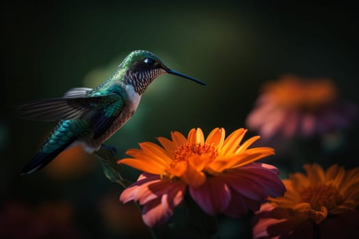 A cute little hummingbird drinks nectar from a vibrant flower in a garden (generative AI)