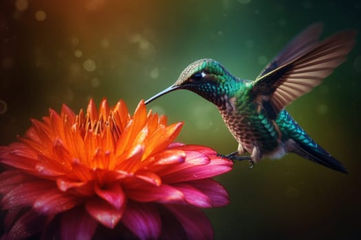A cute little hummingbird drinks nectar from a vibrant flower in a garden (generative AI)