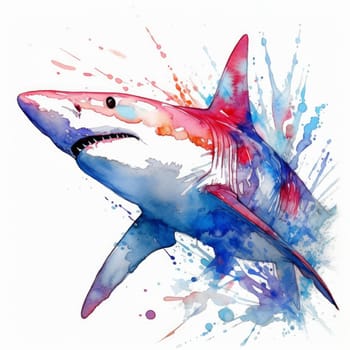 Shark. Created in color with energetic brushstrokes and splatters of watercolor and ink. Made using generative artificial intelligence.