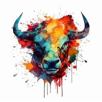 Bull's head, created in color with energetic brushstrokes and splatters of watercolor and ink. Made using generative artificial intelligence.