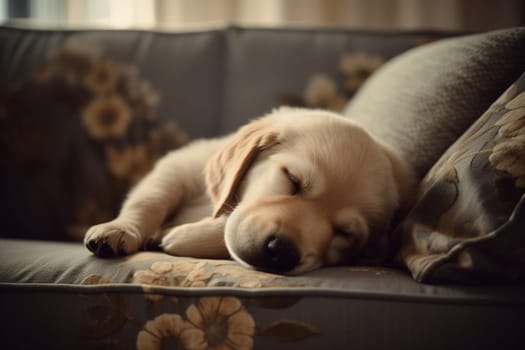 The puppy is sound asleep on the couch, taking a well deserved rest after playing all day! (generative AI)