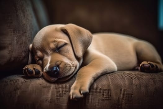 The puppy is sound asleep on the couch, taking a well deserved rest after playing all day! (generative AI)