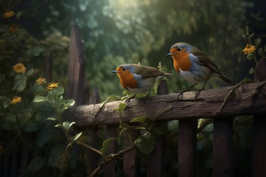 A cute robin perches on a garden fence, chirping merrily (generative AI)
