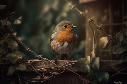 A cute robin perches on a garden fence, chirping merrily (generative AI)