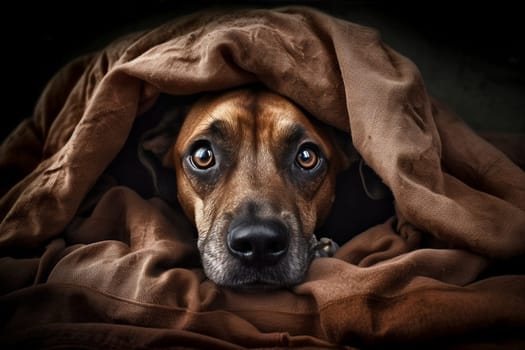 The brown dog is snuggled up under a blanket, poking his nose out occasionally. He looks cozy and happy in his warm hideaway. (generative AI)