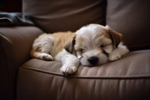The puppy is sound asleep on the couch, taking a well deserved rest after playing all day! (generative AI)