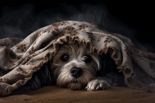 The brown dog is snuggled up under a blanket, poking his nose out occasionally. He looks cozy and happy in his warm hideaway. (generative AI)