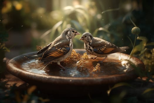 A family of tiny finches are enjoying a birdbath in a suburban backyard (generative AI)