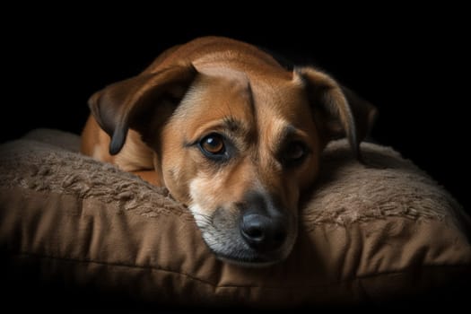 A soft and furry dog lies on a pillow, snuggled up and napping peacefully. (generative AI)